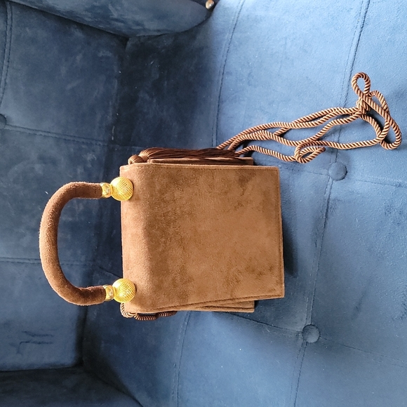 Columbine Handbags - Columbine brown suede with gold ball and brown tussle and shoulder strap evening